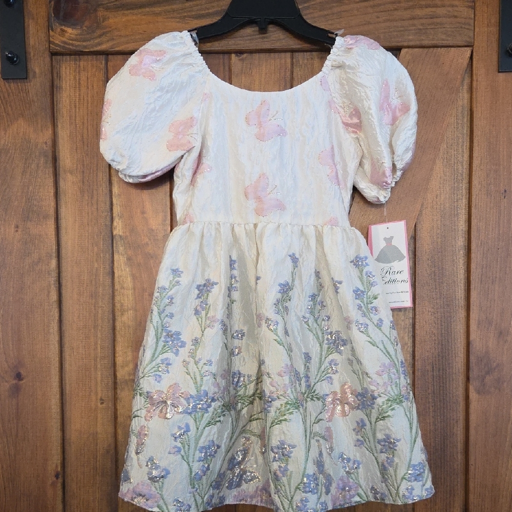 Rare Editions White Dress with Light Pink & Lavender Floral Embroidery